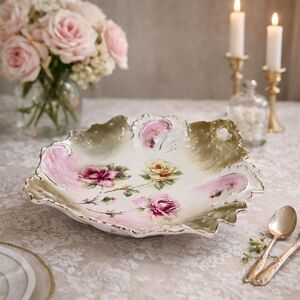 Antique Hand-Painted Porcelain Bowl: Pink Floral, Gold Trim